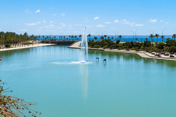 Parc de la Mar, Palma de Mallorca, Spain. Panoramic view of  Parc de la Mar and the Mediterranean sea. 