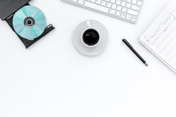 Composer office desk . Workplace of musician with headphones and notes white background top view mockup