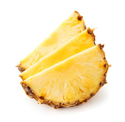 three slices of ripe pineapple isolated on white background