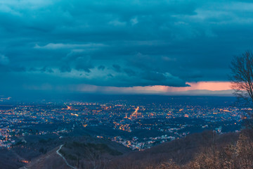 Landscape view of stormy, rainy clouds and rain over the city of Zagreb, Croatia. 