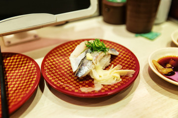 Sushi on a plate in a Japanese cafe