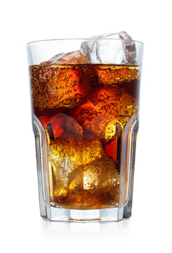 single glass of cola with ice isolated on white background