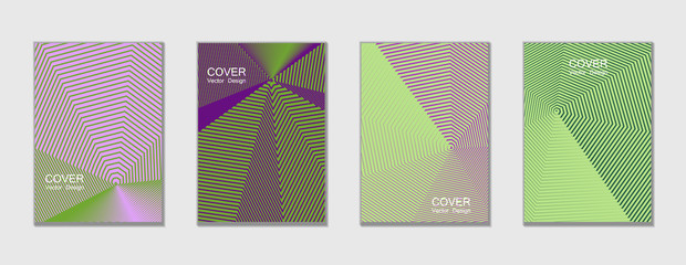 Green and violet halftone covers vector template with lines. Vector journal design geometric shape background set, halftone lines hipster pattern abstract covers collection.