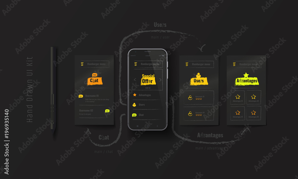 Wall mural mobile phone with web application. hand-drawn ux, ui kit. user experience. user interface. mobile ap