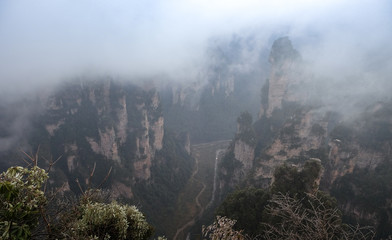 Zhangjiajie national park in China Hunan province covered with clouds