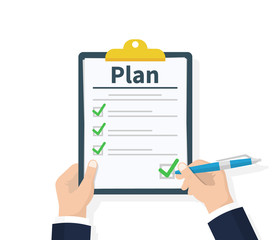 Planning clipboard. Business tactic. Clipboard with checklist and pencil. Plan to achieve goal. Flat design, vector illustration on background.