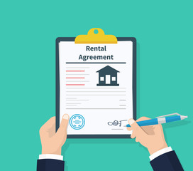 Man hold Rental agreement form contract. Clipboard in hand. Signing document. Flat design, vector illustration on background.