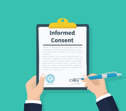 Man hold information consent. Human signs document. Business or medical agreement. Clipboard in hand. Flat design, vector illustration on background.
