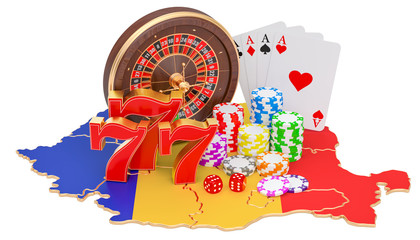 Casino and gambling industry in Romania concept, 3D rendering