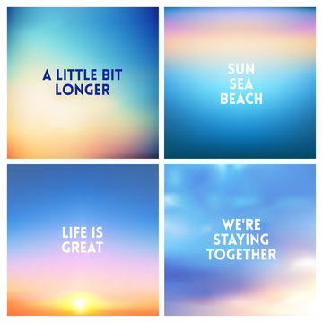 Abstract vector nature blurred background set. 4 colors set. Square blurred nature backgrounds set - sky clouds sea ocean beach colors With love quotes