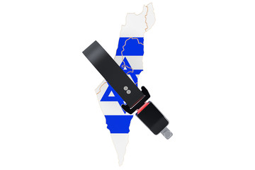 Israeli map with safety belt. Security and protect or insurance concept, 3D rendering