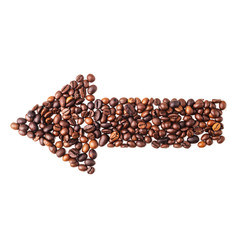 Arrow image made up of coffee beans on a white background
