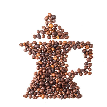 Coffee cup image made up of coffee beans on a white background