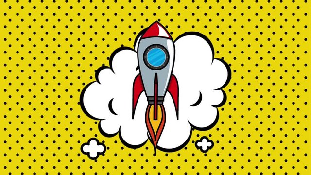 pop art animation rocket launch on speech bubble