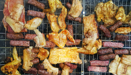 Seasonal outdoor activities, barbecue of mix meat close up