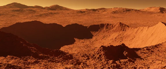  Mars - rode planeet - landschap met enorme krater van inslag en bergen in de verte © Shawn Hempel