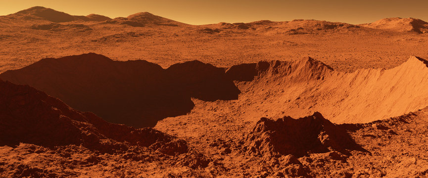Mars - red planet - landscape with huge crater from impact and mountains in the distance