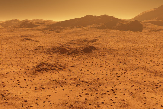 Mars - red planet - landscape with mountains in the distance