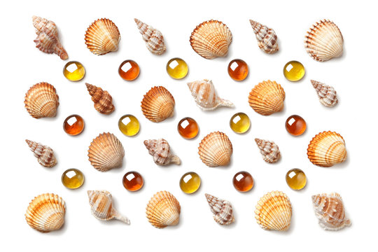 Pattern made of shells and orange glass beads isolated on white background
