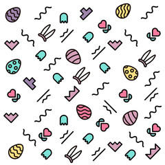 Geometric cheerful pattern with Easter eggs and rabbit ears costume. Memphis 80's and 90's graphic trendy style. Background with different geometric shapes