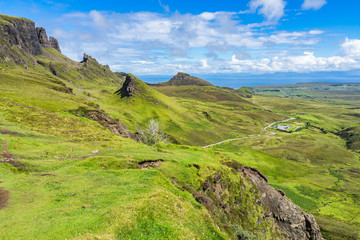 Beautiful view of Quiraing mountain range, Isle of Skye, Scotland, Britain