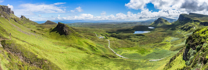 Wide panorma of Quiraing in a beautiful summer day, Isle of Skye, Scotland, Britain