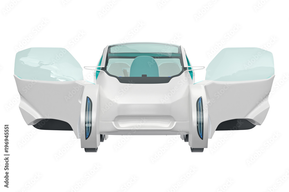 Sticker Car future conceptual with open doors, front view. 3D rendering