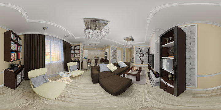 3d illustration spherical 360 degrees, seamless panorama of living room and kitchen interior design. Modern studio apartment in a modern classic style