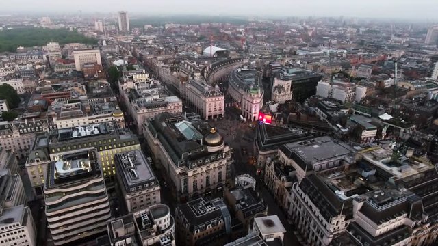 London, UK - JULY 11 : London City Central Town Aerial View and Piccadilly Circus on July 11, 2016 Birds Eye View Famous Square Iconic Landmark Road Junction in England United Kingdom UK 4K Ultra HD