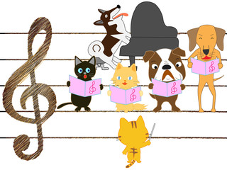 Obraz na płótnie Canvas 犬と猫のコンサート。ペットが歌ったり、楽器を演奏したりしている。