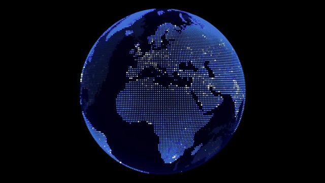 Blue point world globe Europe and Africa map with white dot cities on dark background 3D animation with alpha mask.