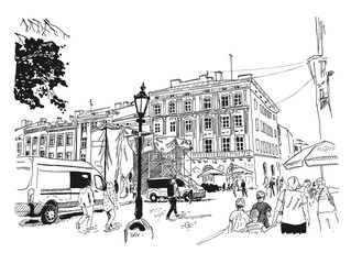 Fototapeta na wymiar Vector sketch of street scene in Lviv, Digital ink illustration.