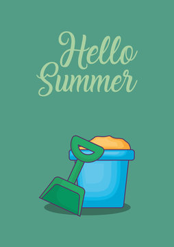 Hello summer design with sand bucket and handshovel over green background, colorful design vector illustration