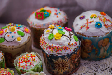 A large number of hand-made Easter cakes. Beautifully decorated Easter cakes. Consecration of Easter cakes