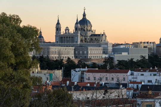 Sunset view of Royal Palace and Almudena Cathedral in City of Madrid, Spain