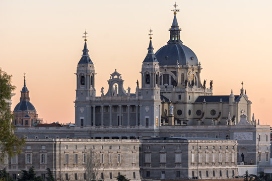 Sunset view of Royal Palace and Almudena Cathedral in City of Madrid, Spain