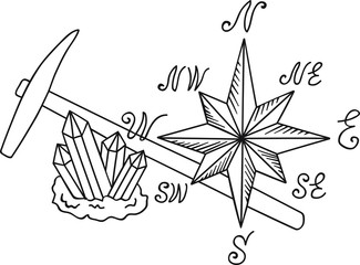 Hand Drawn Doodle Sketch Line Art Vector Illustration of Cardinal Directions Sign Prospecting Hammer and Druse of Crystals. Student Course Geology Emblem Poster Banner Outline Design Element Template