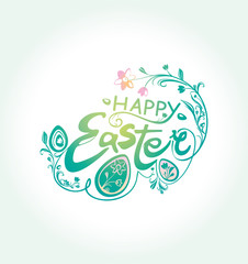 Happy Easter. Beautiful Spring card of the vintage inscription and Easter eggs and pink flower. Vector template typography design.