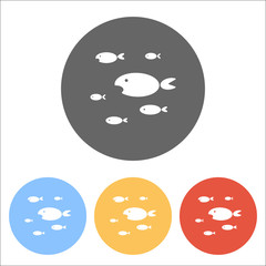 School of fishes. Set of white icons on colored circles