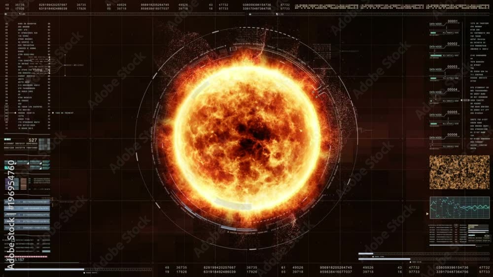 Poster Hi-tech user interface head up display Sun Solar Flare corona Particles ejection and information telemetry for digital background computer desktop screen display