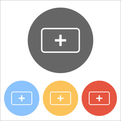 First aid box. simple icon. Set of white icons on colored circle