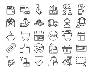 Online business, ecommerce, shop, market thin line icons. Vector Design illustration set with signs and symbols related with sales and commerce online.