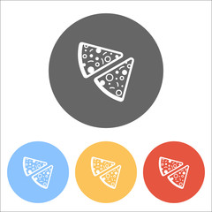 pieces of pizza icon. Set of white icons on colored circles