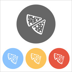 pieces of pizza icon. Set of white icons on colored circles