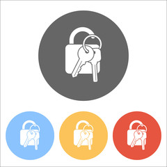 unlock and keys icon. Set of white icons on colored circles
