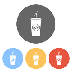 cup of hot coffee icon. Set of white icons on colored circles