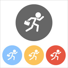 running man with case. Set of white icons on colored circles
