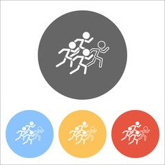 running people. team with leader. Set of white icons on colored