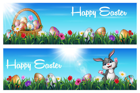 Easter two banner set with basket full of Easter eggs and rabbit in a grass field