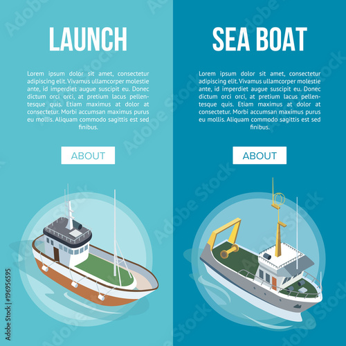Launch and Sea Boat banners with ships in isometric view Launch and Sea Boat banners with ships in isometric view